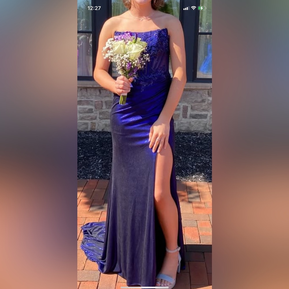 Applique Satin Strapless Slit Gown by Amelia Couture 9055